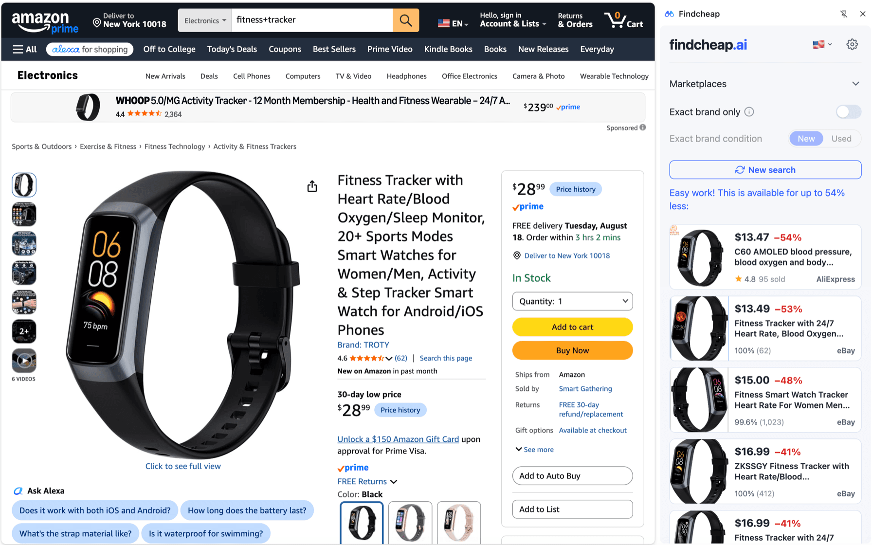 Findcheap side panel on an Amazon product page, showing the same fitness tracker available for up to 54% less