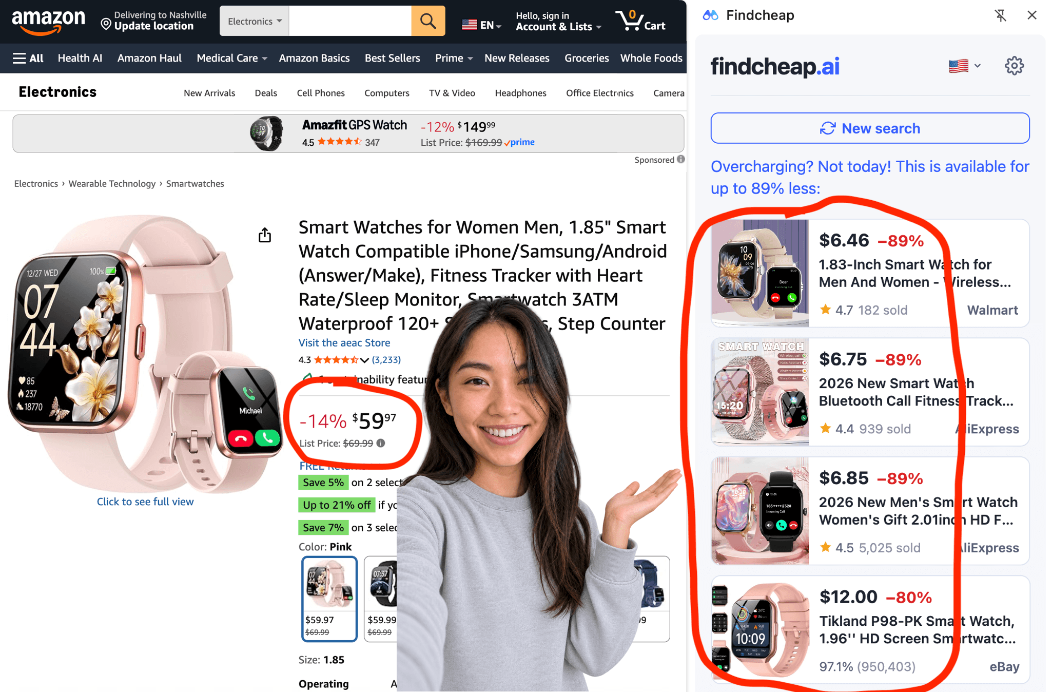 Findcheap's side panel on an Amazon smart-watch listing, showing the same watch for up to 89% less at Walmart, AliExpress and eBay